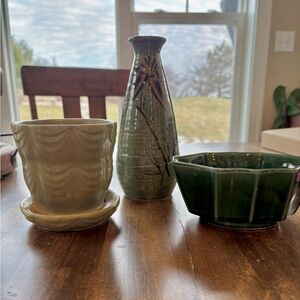 Green MCM 2 Brush Pottery Company and 1 Japanese Tokkuri,